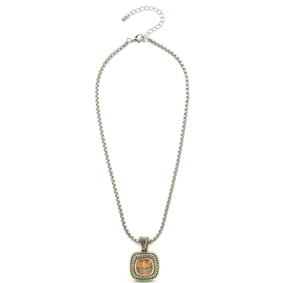 TWO TONE CHAMPAGNE CRYSTAL SQUARE PENDANT BOX CHAIN NECKLACE #73014EH-CHA (FC10)