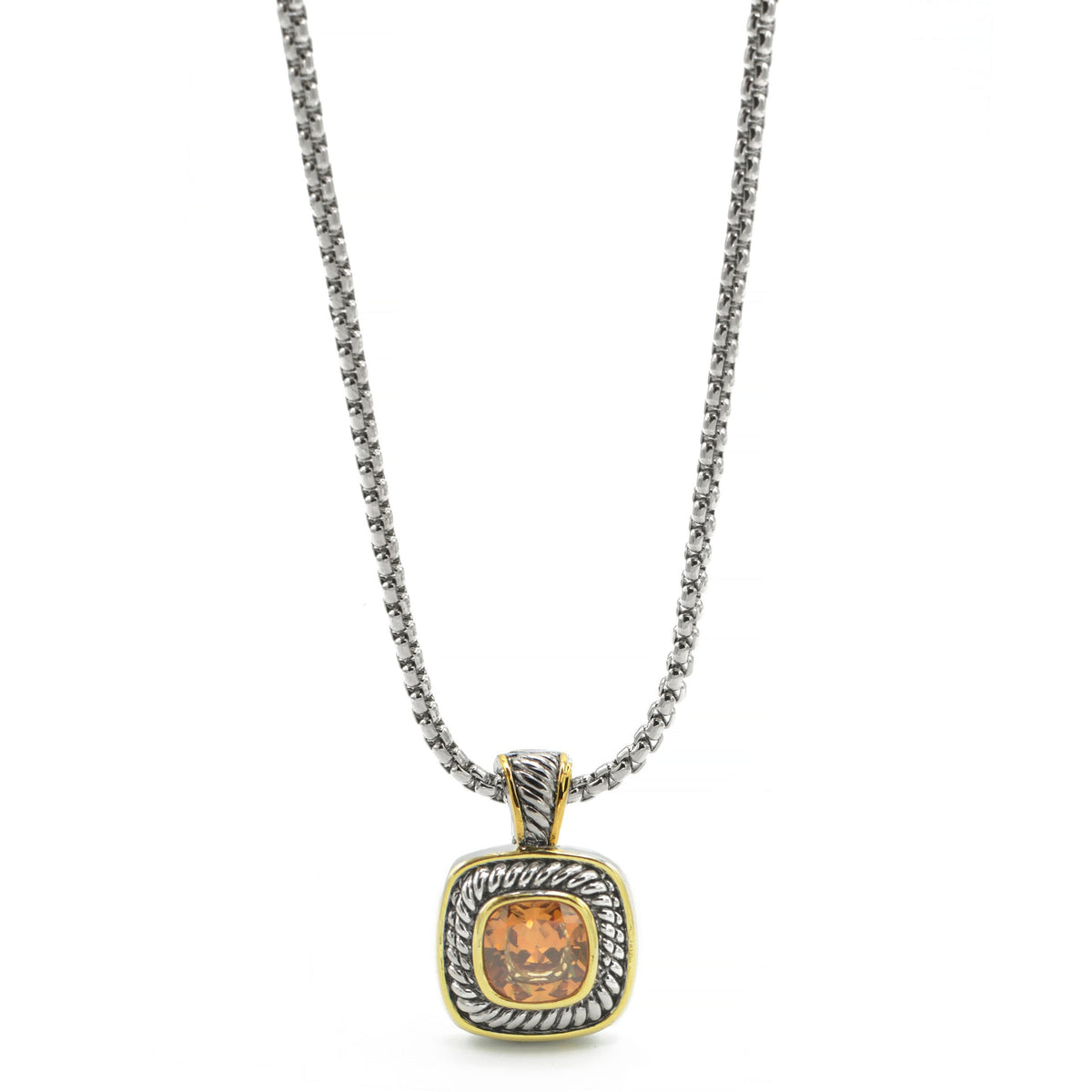 TWO TONE CHAMPAGNE CRYSTAL SQUARE PENDANT BOX CHAIN NECKLACE #73014EH-CHA (FC10)