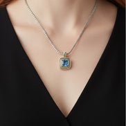 Two-Tone Sapphire Crystal Square Pendant Box Chain Necklace #73014EH-SAP