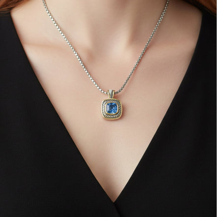 Two-Tone Sapphire Crystal Square Pendant Box Chain Necklace #73014EH-SAP