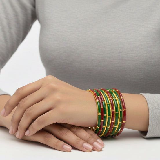 Elegant Green & Maroon Enamel Gold-Plated Bangle Set (7-Piece)#FW1200074 (OB27/QH5)