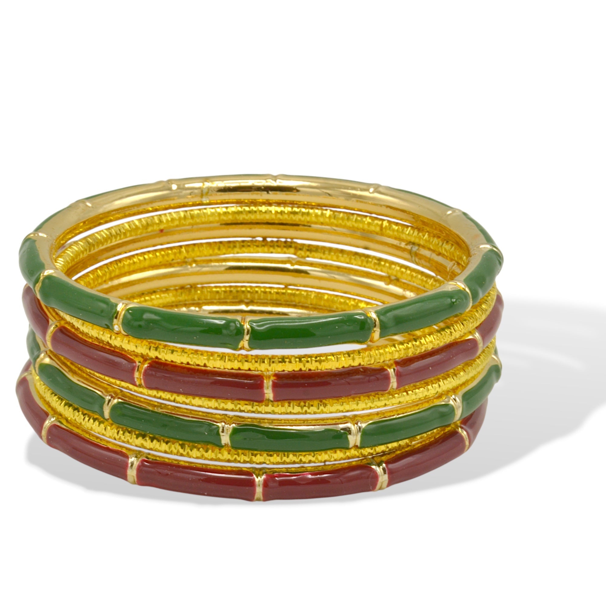 Elegant Green & Maroon Enamel Gold-Plated Bangle Set (7-Piece)#FW1200074 (OB27/QH5)