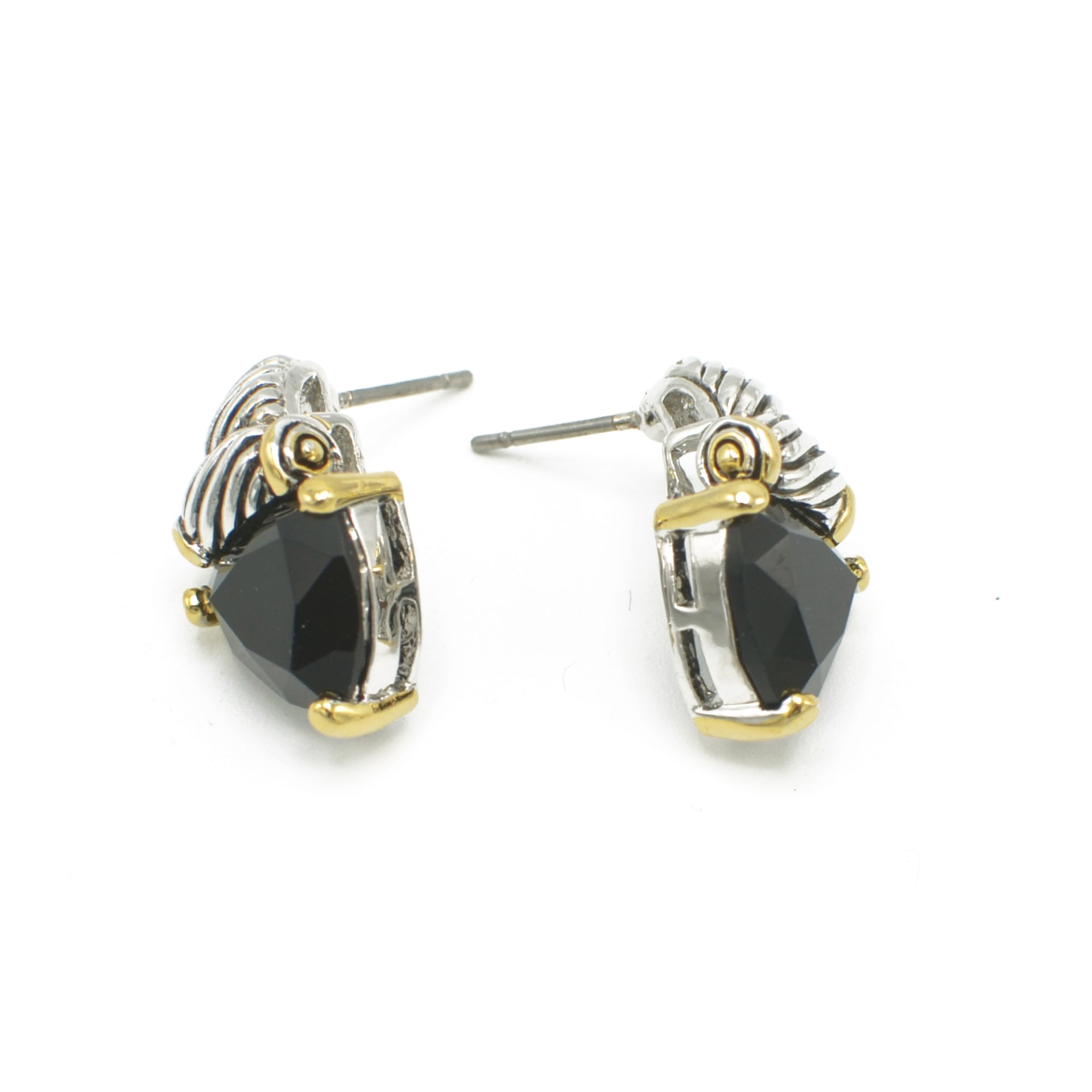 Black Crystal Stud Earrings – Silver & Gold Tone Accents | 0.8