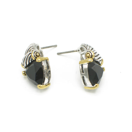 Black Crystal Stud Earrings – Silver & Gold Tone Accents | 0.8"  #4110ER_JET(FC12)