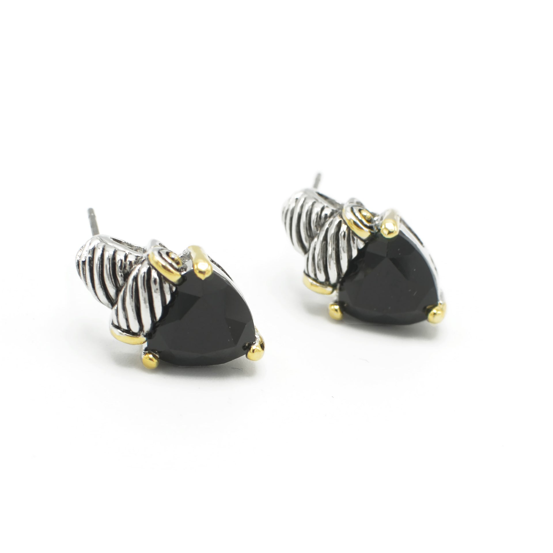 Black Crystal Stud Earrings – Silver & Gold Tone Accents | 0.8