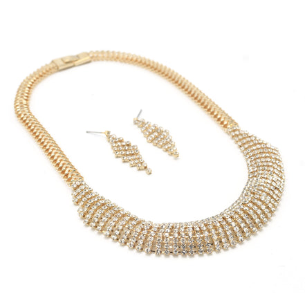 Gold Curved Rhinestone Wire Wrap Choker Necklace and Earring Set#FW1293S-A-G(NA15)