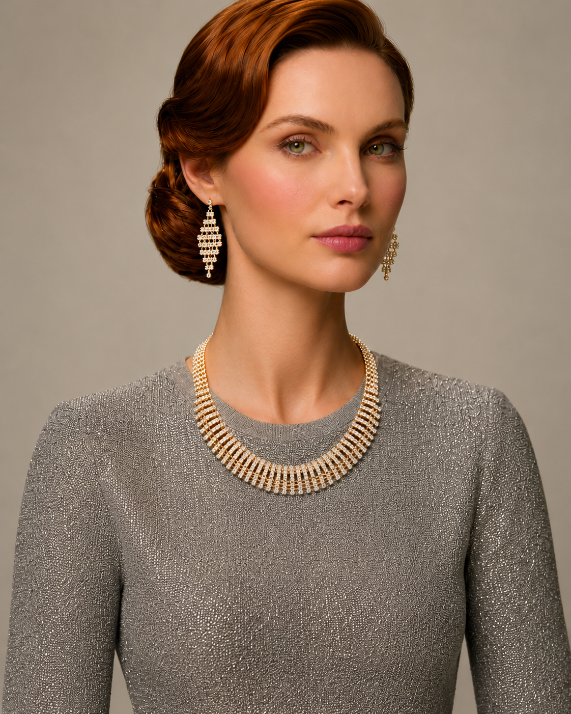 Gold Curved Rhinestone Wire Wrap Choker Necklace and Earring Set#FW1293S-A-G(NA15)