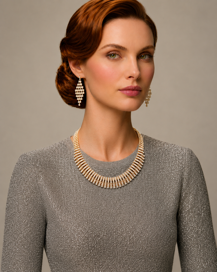 Gold Curved Rhinestone Wire Wrap Choker Necklace and Earring Set#FW1293S-A-G(NA15)