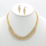 Gold Curved Rhinestone Wire Wrap Choker Necklace and Earring Set#FW1293S-A-G(NA15)