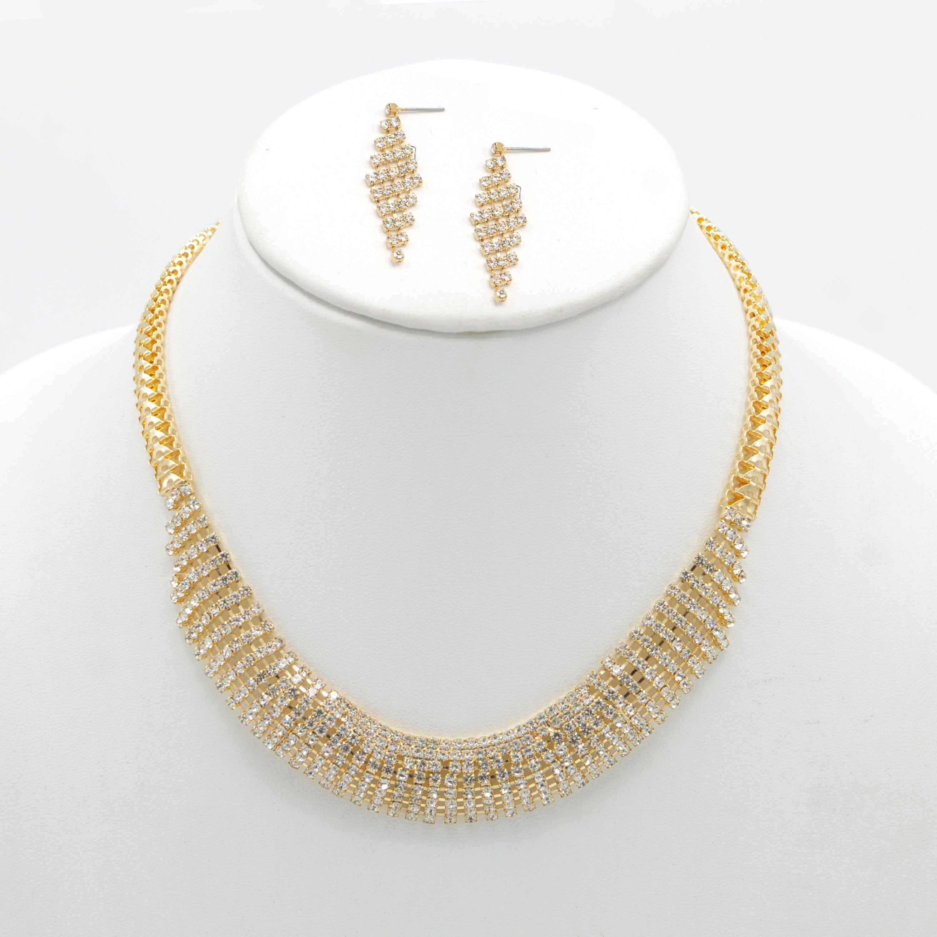 Gold Curved Rhinestone Wire Wrap Choker Necklace and Earring Set#FW1293S-A-G(NA15)