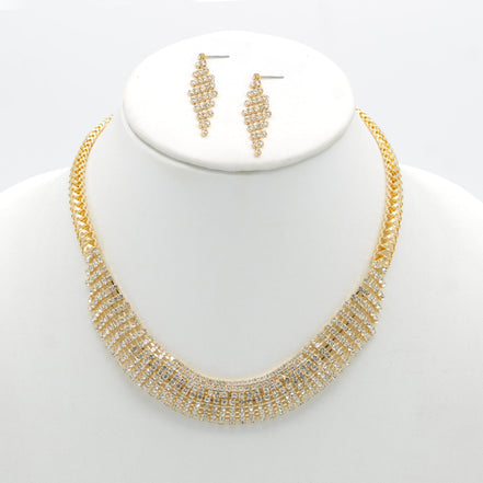 Gold Curved Rhinestone Wire Wrap Choker Necklace and Earring Set#FW1293S-A-G(NA15)