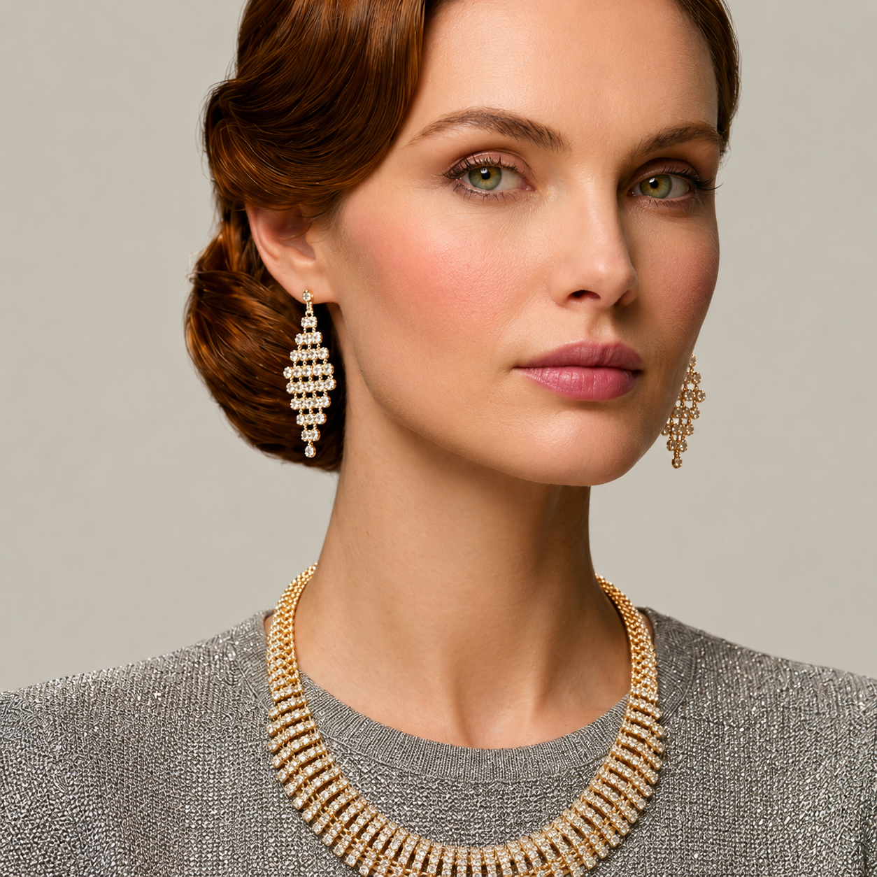 Gold Curved Rhinestone Wire Wrap Choker Necklace and Earring Set#FW1293S-A-G(NA15)