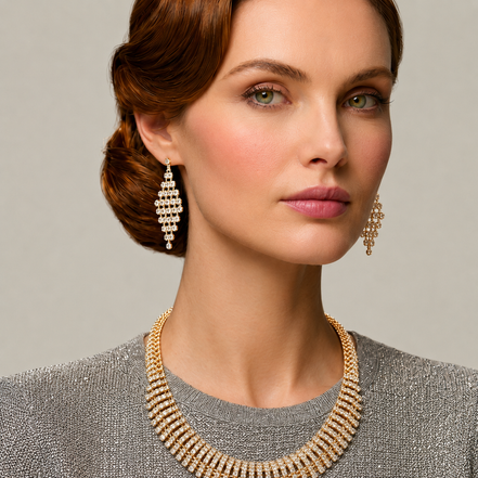 Gold Curved Rhinestone Wire Wrap Choker Necklace and Earring Set#FW1293S-A-G(NA15)