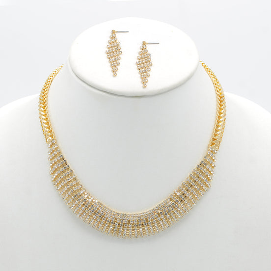 Gold Curved Rhinestone Wire Wrap Choker Necklace and Earring Set#FW1293S-A-G(NA15)