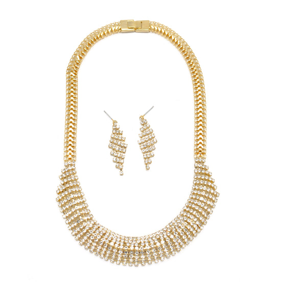 Gold Curved Rhinestone Wire Wrap Choker Necklace and Earring Set#FW1293S-A-G(NA15)