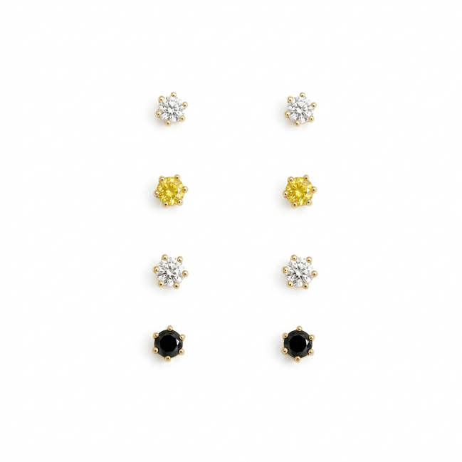 Curated Earring Stacking Set - 8 Piece 8 mm Stud Ear Set with Mixed Black, Yellow, and Clear Stones#GLEA-0096 (NH1/NG2)