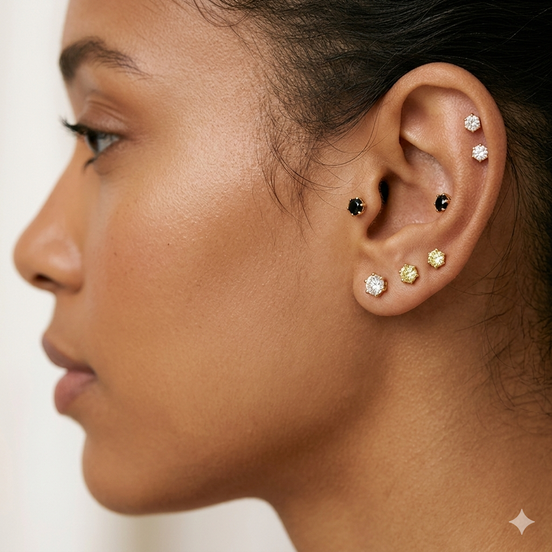 Curated Earring Stacking Set - 8 Piece 8 mm Stud Ear Set with Mixed Black, Yellow, and Clear Stones#GLEA-0096 (NH1/NG2)