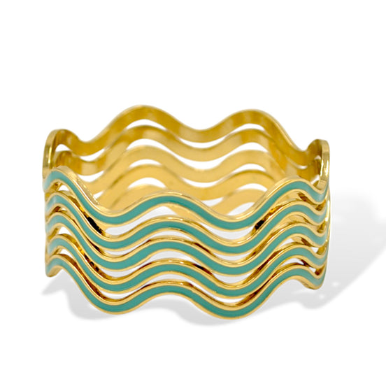 Gold & Turquoise Enamel Wave Bracelets 2.8" Diameter) – Set of 5 #SA-Q46_TQ (AE1/R-Rack I)