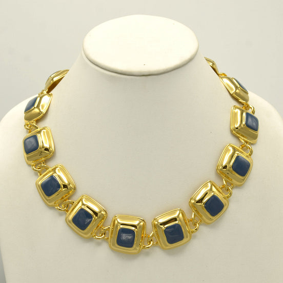 Antique Style Mid-Vintage Large Gold Chain Square Enamel Necklace  #FW-N2112XL-GN (FedEx-B)