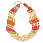 GOLD ORANGE FUCHSIA AND CREAM SEAD BEAD MULTI ROW STATEMENT NECKLACE# N75114G-OR-CRM(NE17-28W-B)
