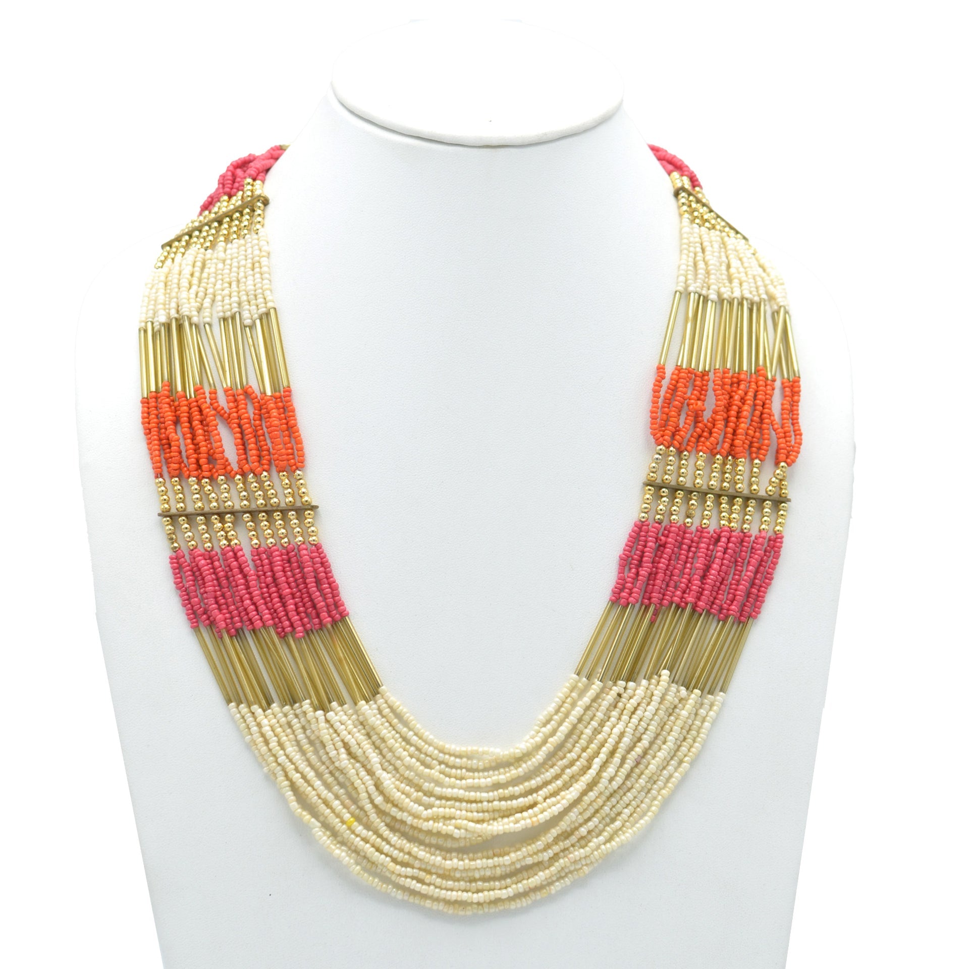 GOLD ORANGE FUCHSIA AND CREAM SEAD BEAD MULTI ROW STATEMENT NECKLACE# N75114G-OR-CRM(NE17-28W-B)