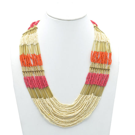 GOLD ORANGE FUCHSIA AND CREAM SEAD BEAD MULTI ROW STATEMENT NECKLACE# N75114G-OR-CRM(NE17-28W-B)