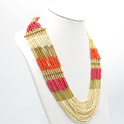 GOLD ORANGE FUCHSIA AND CREAM SEAD BEAD MULTI ROW STATEMENT NECKLACE# N75114G-OR-CRM(NE17-28W-B)