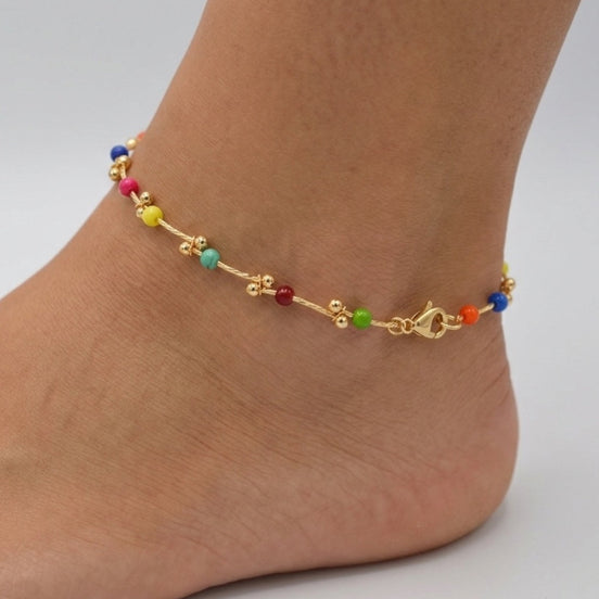 Delicate Gold Beaded Anklet with Multi color Accent Beads – Minimalist Adjustable Chain Anklet#HNA5211_GLD-MLT(EH5/NH5/TH20)