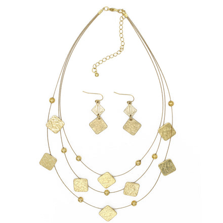 GOLD SQUARE EARRINGS AND LAYERED NECKLACE #HNN+E87396YGD (Back Still rack of POS)