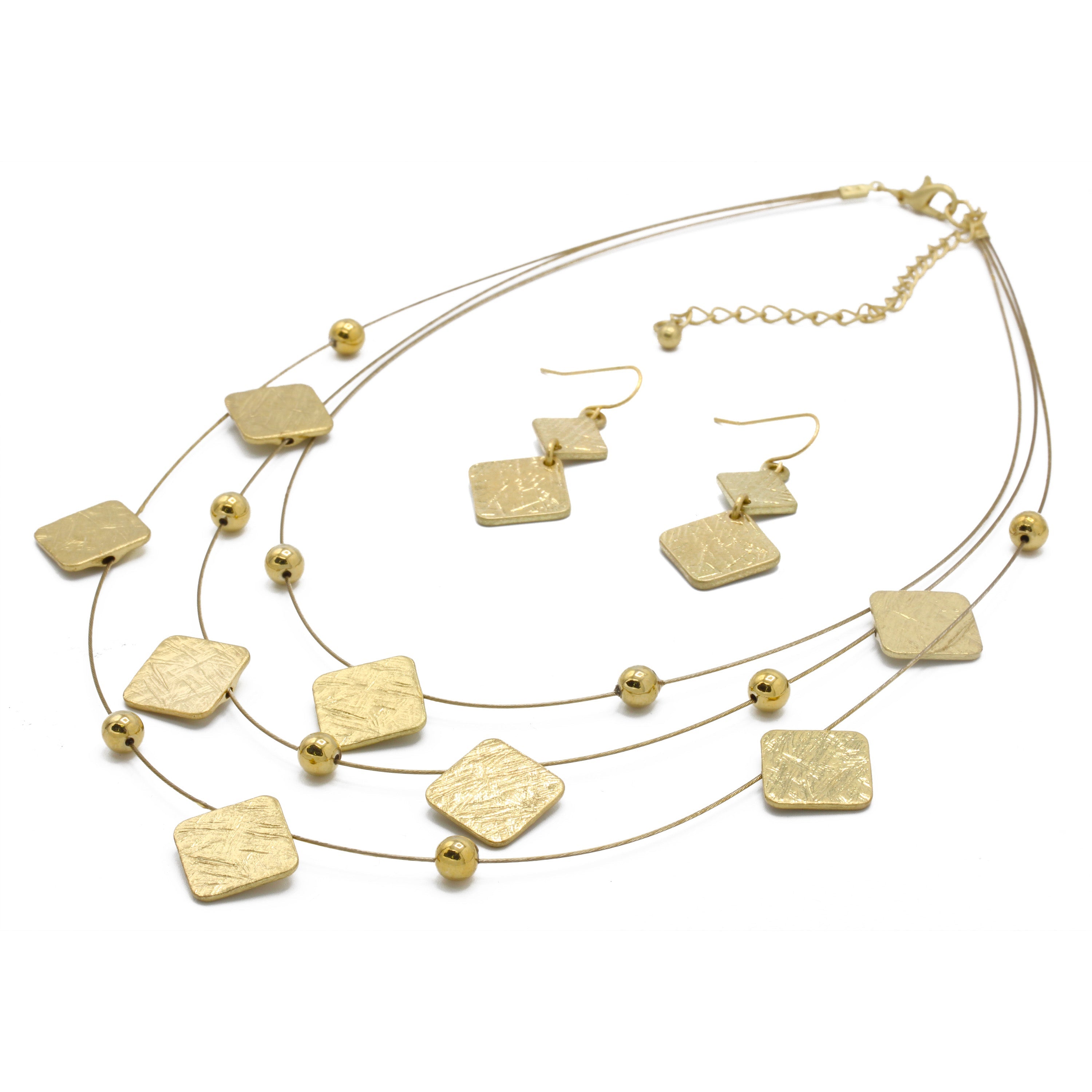 GOLD SQUARE EARRINGS AND LAYERED NECKLACE #HNN+E87396YGD (Back Still rack of POS)