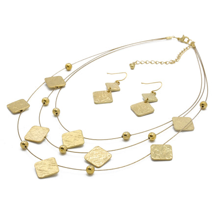 GOLD SQUARE EARRINGS AND LAYERED NECKLACE #HNN+E87396YGD (Back Still rack of POS)