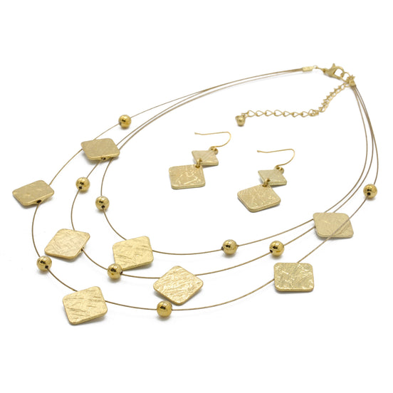 GOLD SQUARE EARRINGS AND LAYERED NECKLACE #HNN+E87396YGD (Back Still rack of POS)