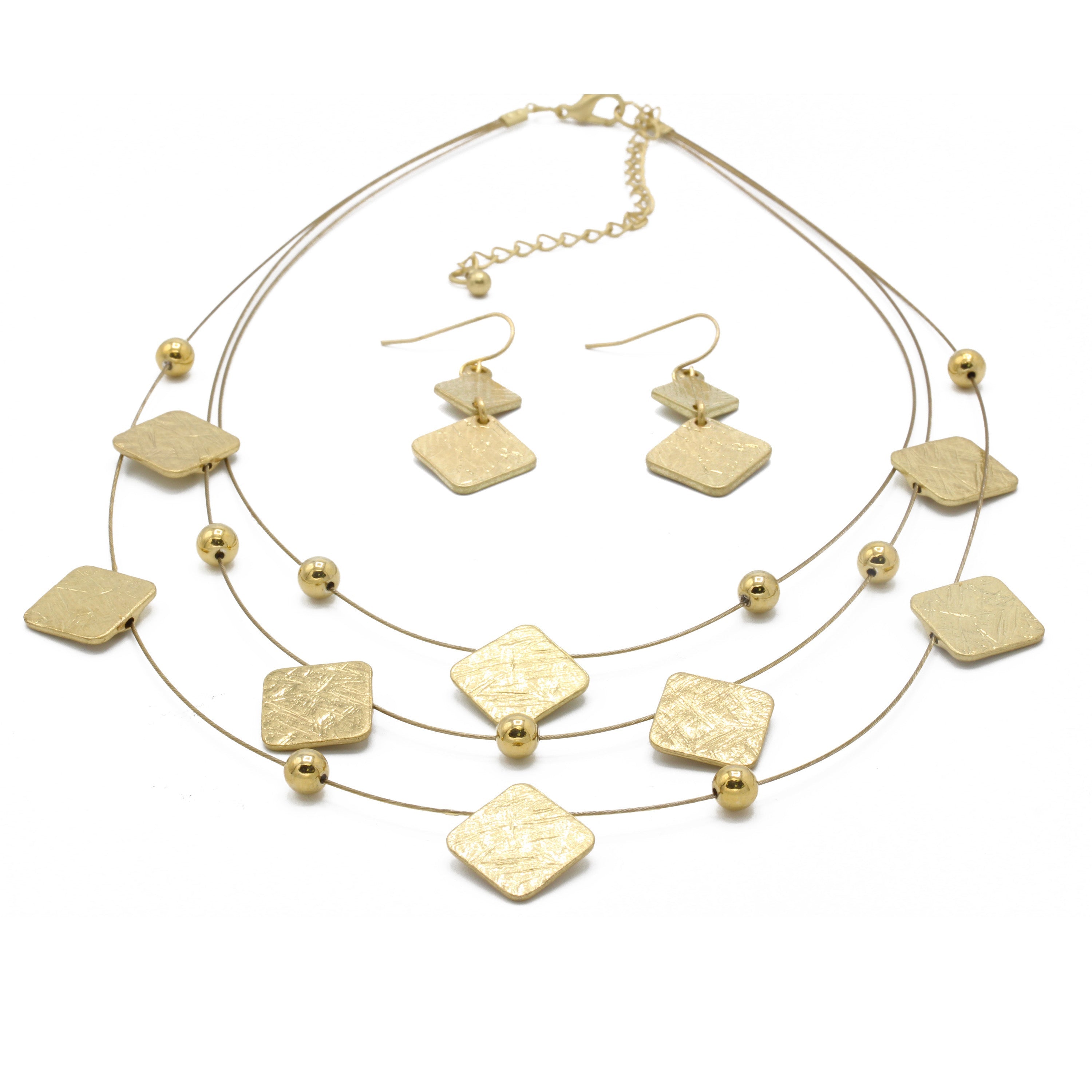 GOLD SQUARE EARRINGS AND LAYERED NECKLACE #HNN+E87396YGD (Back Still rack of POS)