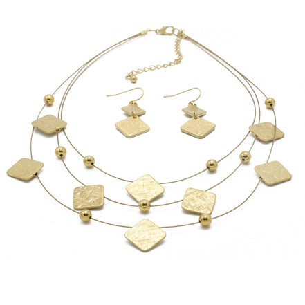 GOLD SQUARE EARRINGS AND LAYERED NECKLACE #HNN+E87396YGD (Back Still rack of POS)