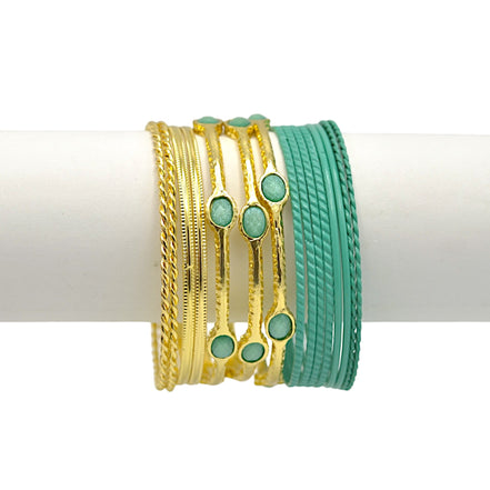 Gold & Turquoise 15-Piece Bangle Bracelet Set, 2.8" Diameter #GS09194_TQ (B542)