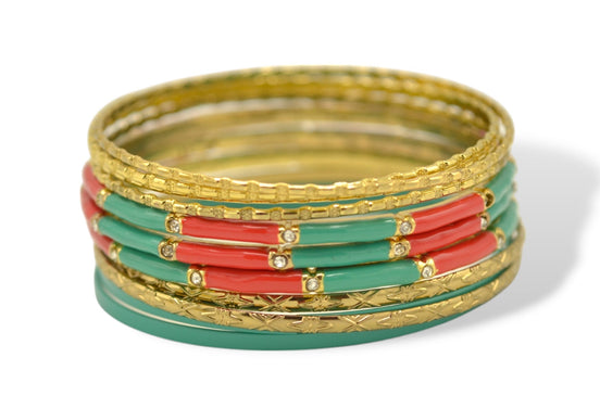 Multi-Color 11-Piece Bangle Set with Turq and Coral Accents#GS09211_GD-TRQ-CRL (PG2)