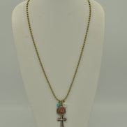 GOLD OXIDE TURQUOISE CROSS AND CHARM PENDANT NECKLACE #SC38193 (PA4)