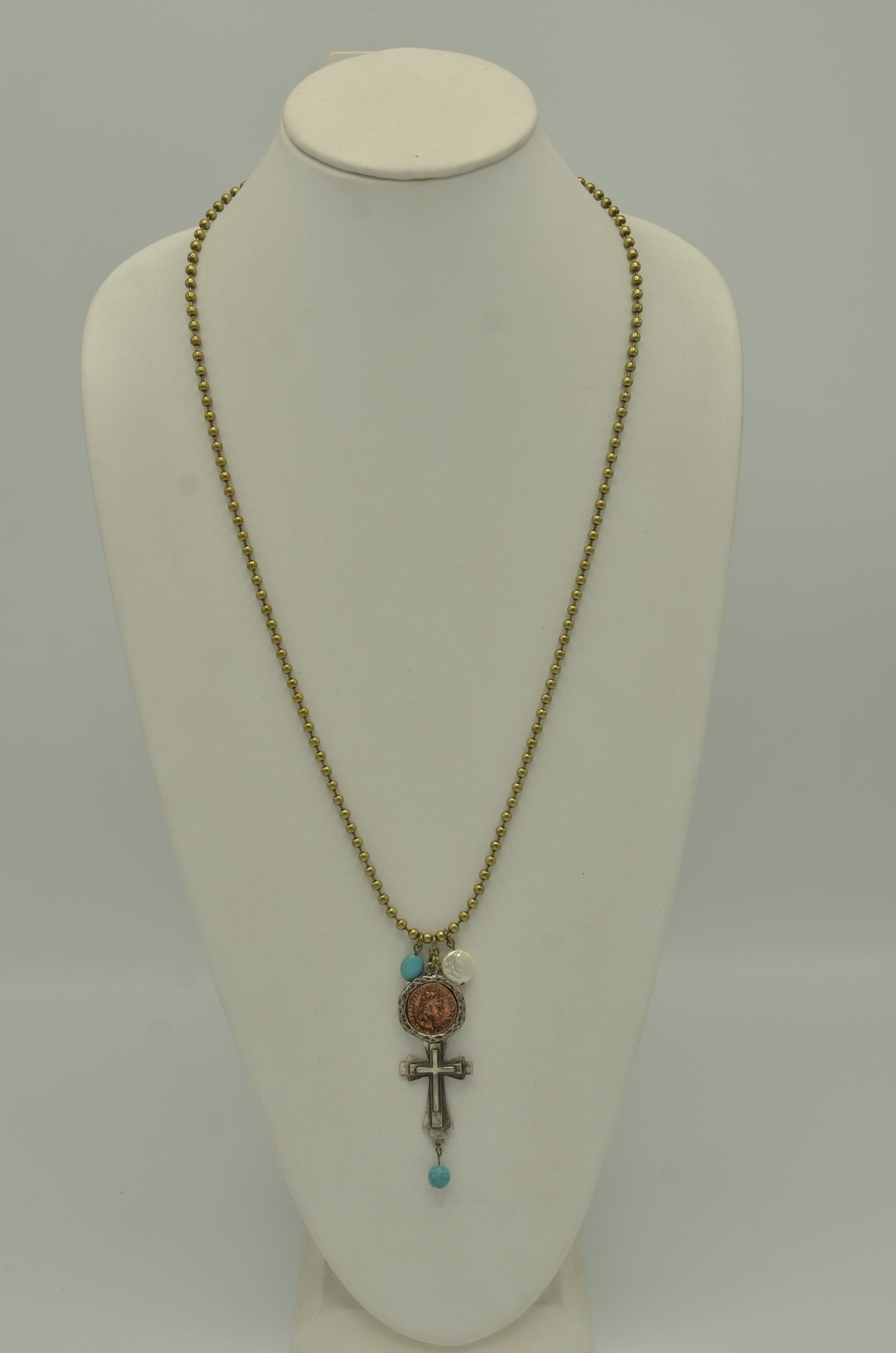 GOLD OXIDE TURQUOISE CROSS AND CHARM PENDANT NECKLACE #SC38193 (PA4)