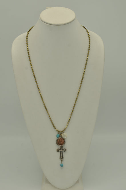 GOLD OXIDE TURQUOISE CROSS AND CHARM PENDANT NECKLACE #SC38193 (PA4)