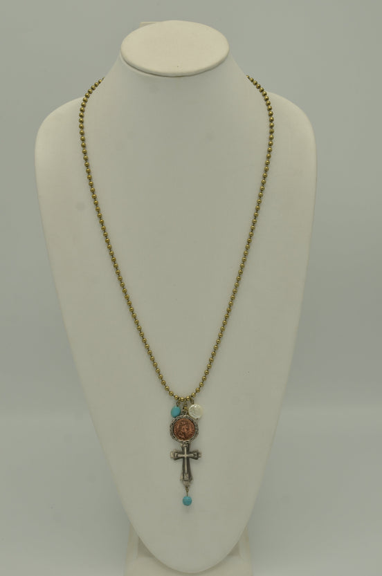 GOLD OXIDE TURQUOISE CROSS AND CHARM PENDANT NECKLACE #SC38193 (PA4)