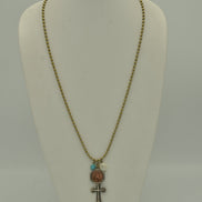 GOLD OXIDE TURQUOISE CROSS AND CHARM PENDANT NECKLACE #SC38193 (PA4)