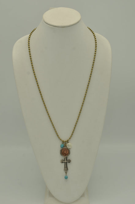 GOLD OXIDE TURQUOISE CROSS AND CHARM PENDANT NECKLACE #SC38193 (PA4)