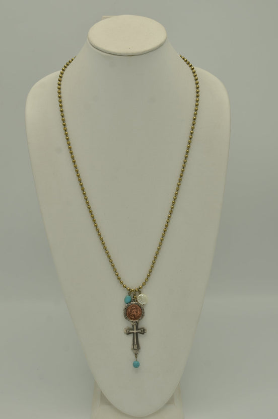 GOLD OXIDE TURQUOISE CROSS AND CHARM PENDANT NECKLACE #SC38193 (PA4)