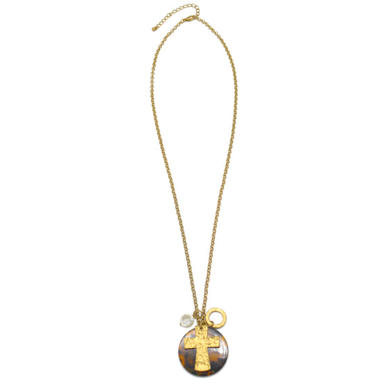 GOLD CROSS AND PEARL ROUND PENDANT NECKLACE#SC38208 (QE6)