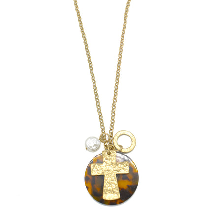 GOLD CROSS AND PEARL ROUND PENDANT NECKLACE#SC38208 (QE6)