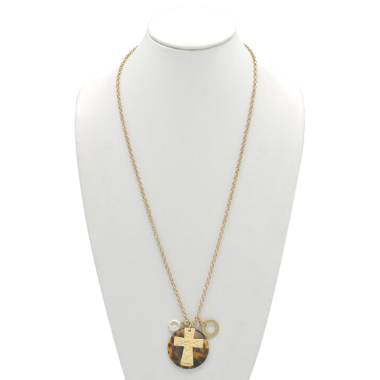 GOLD CROSS AND PEARL ROUND PENDANT NECKLACE#SC38208 (QE6)