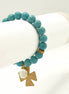 Gold Matte Cross pendant with Mother of Pearl charm Turquoise Beads Stretch Bracelet #SB38212 (QB2)