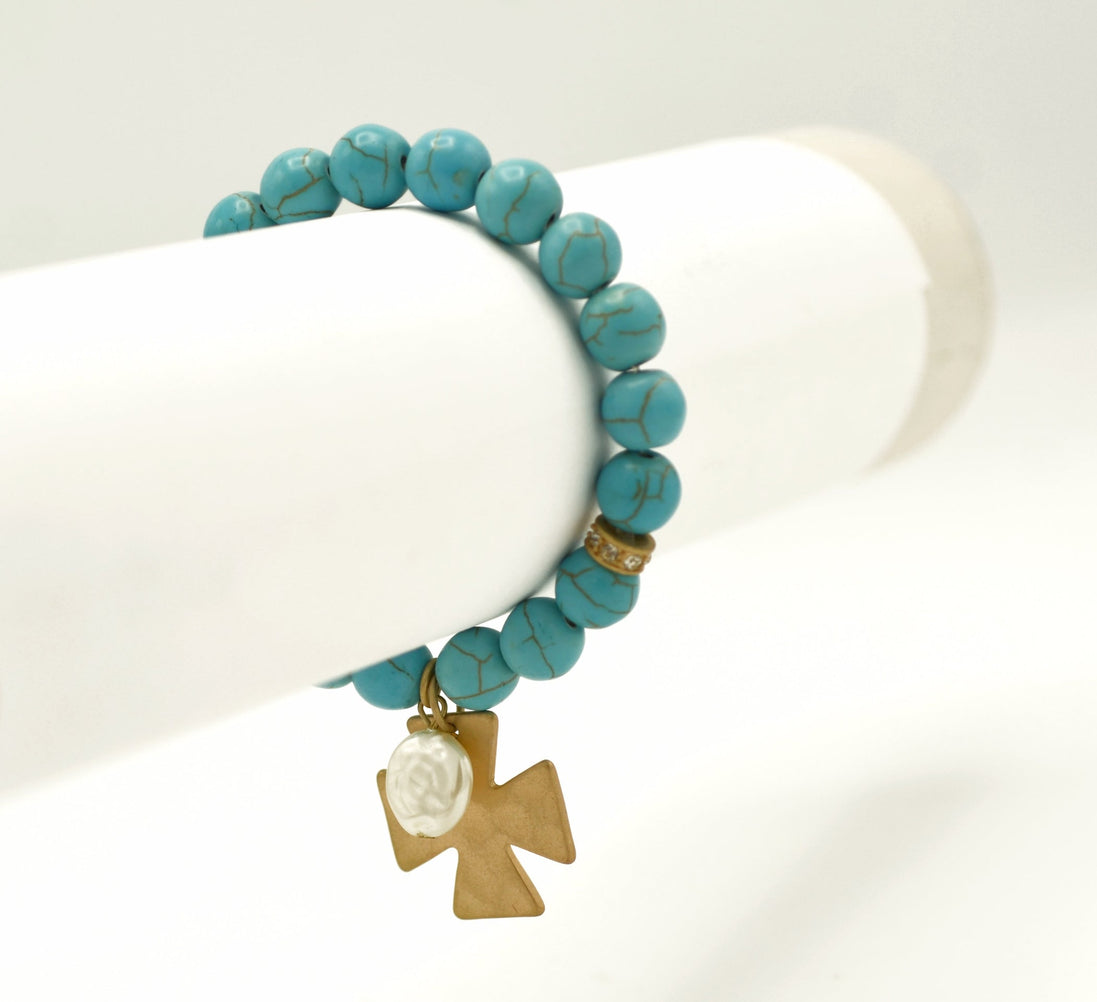 Gold Matte Cross pendant with Mother of Pearl charm Turquoise Beads Stretch Bracelet #SB38212 (QB2)