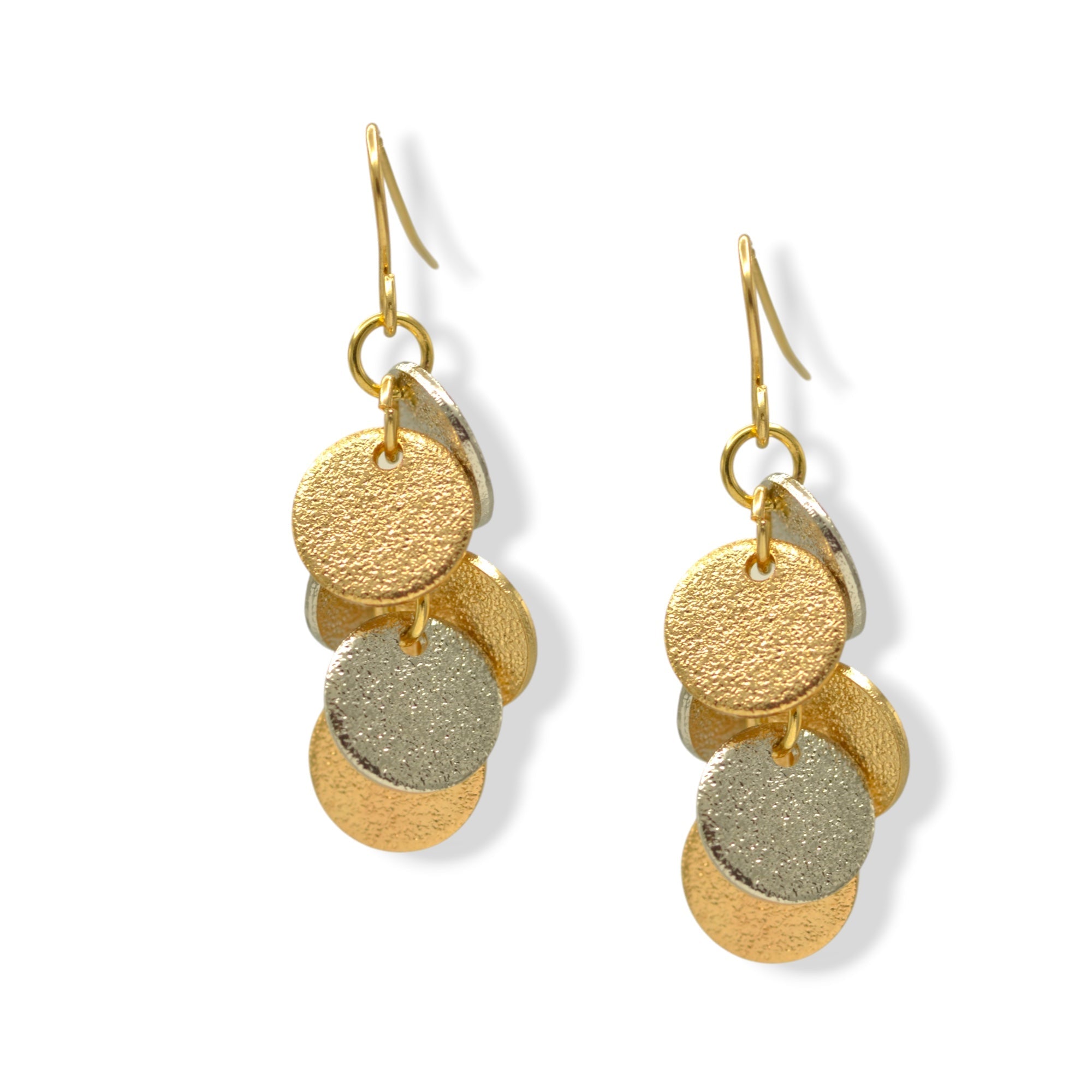 Two-Tone Dangle Coin Drop Earrings | Gold & Silver Textured Discs 1.5