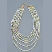 Gold Cream Pearl and Crystal Flower layer Necklace #FW1404424(Infront-RA6-line steel rack)